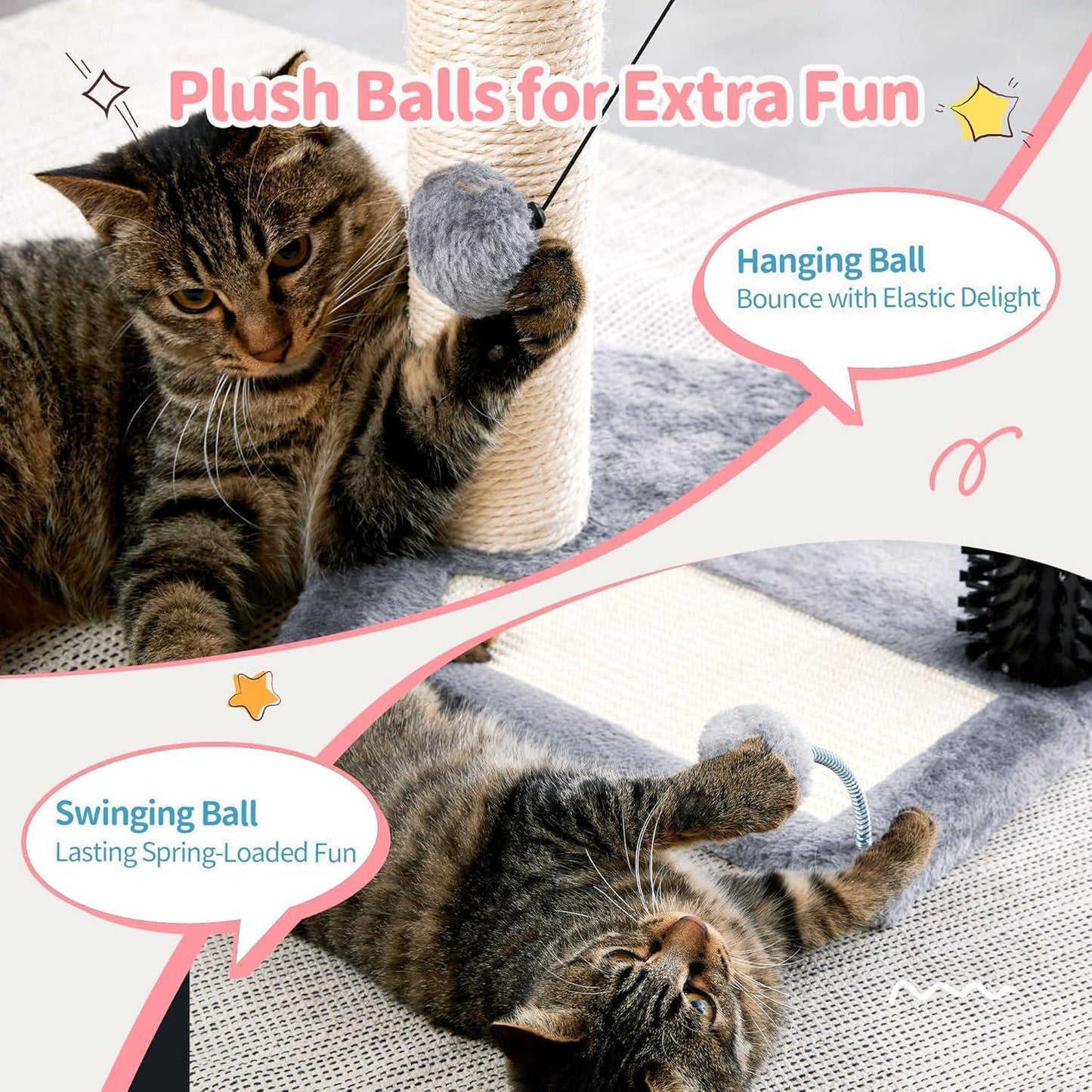 4 - in - 1 Cat Tree Tower with Grooming Brush, Sisal Post, Plush Bed & Hanging Ball - PawJoyful