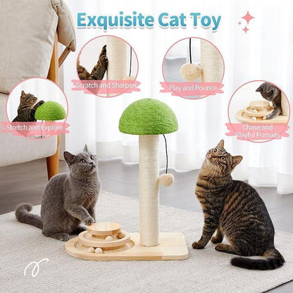 2 - in - 1 Mushroom Cat Scratching Post with Interactive Ball Track — Sisal & Wood - PawJoyful