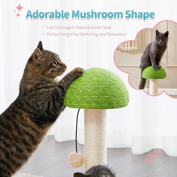 2 - in - 1 Mushroom Cat Scratching Post with Interactive Ball Track — Sisal & Wood - PawJoyful