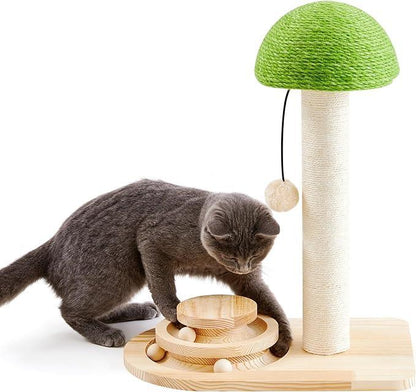 2 - in - 1 Mushroom Cat Scratching Post with Interactive Ball Track — Sisal & Wood - PawJoyful