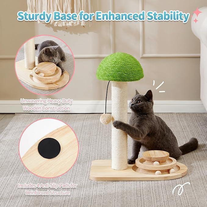 2 - in - 1 Mushroom Cat Scratching Post with Interactive Ball Track — Sisal & Wood - PawJoyful