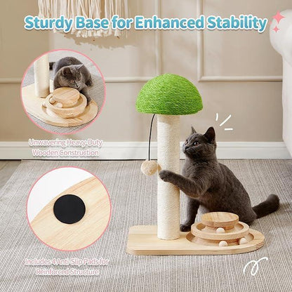 2 - in - 1 Mushroom Cat Scratching Post with Interactive Ball Track — Sisal & Wood - PawJoyful