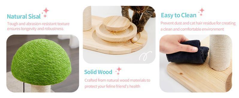 2 - in - 1 Mushroom Cat Scratching Post with Interactive Ball Track — Sisal & Wood - PawJoyful