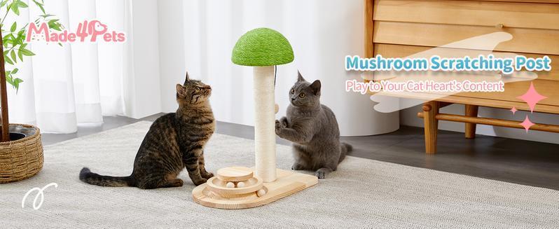 2 - in - 1 Mushroom Cat Scratching Post with Interactive Ball Track — Sisal & Wood - PawJoyful