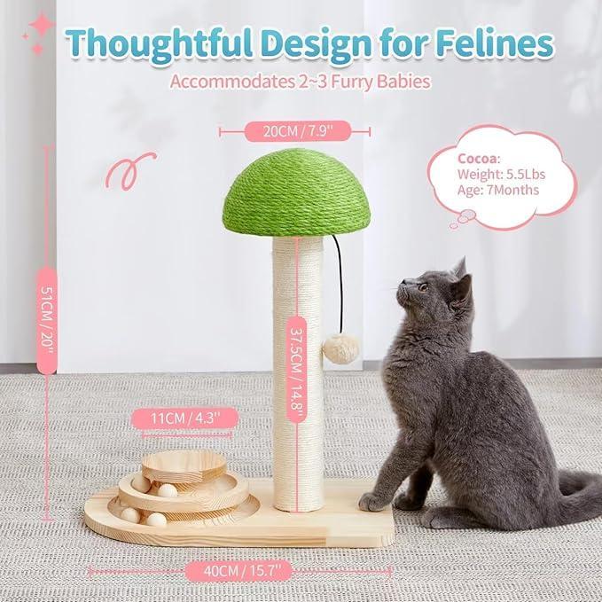 2 - in - 1 Mushroom Cat Scratching Post with Interactive Ball Track — Sisal & Wood - PawJoyful