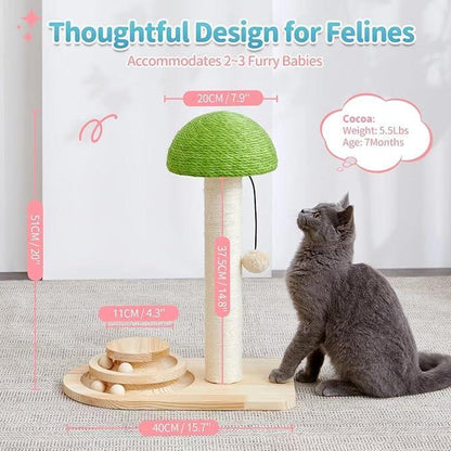 2 - in - 1 Mushroom Cat Scratching Post with Interactive Ball Track — Sisal & Wood - PawJoyful