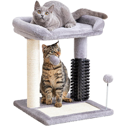 4 - in - 1 Cat Tree Tower with Grooming Brush, Sisal Post, Plush Bed & Hanging Ball - PawJoyful