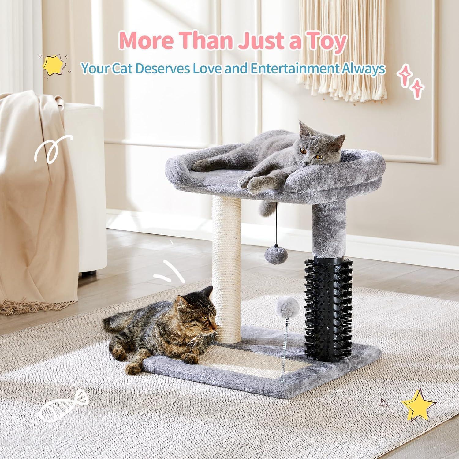 4 - in - 1 Cat Tree Tower with Grooming Brush, Sisal Post, Plush Bed & Hanging Ball - PawJoyful