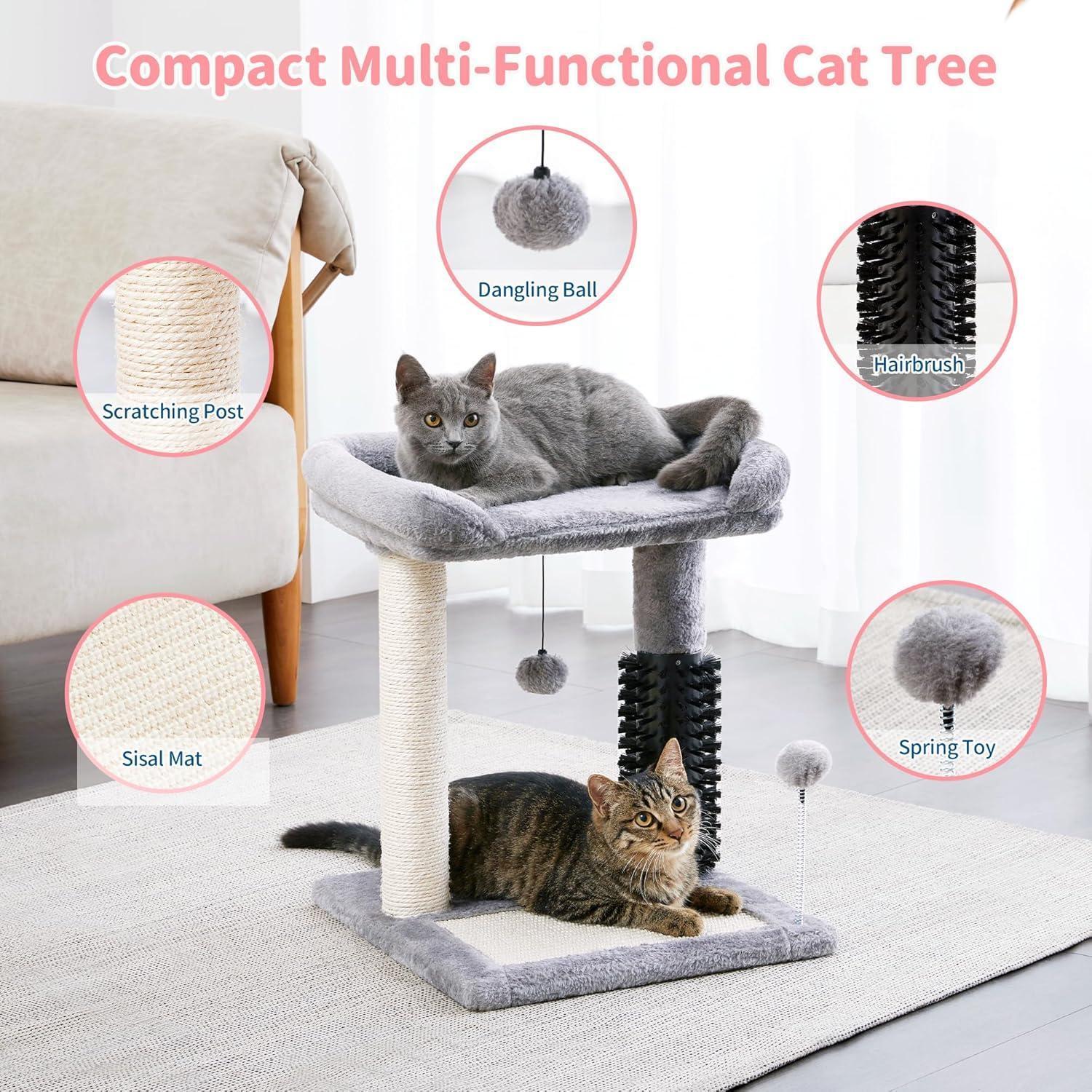 4 - in - 1 Cat Tree Tower with Grooming Brush, Sisal Post, Plush Bed & Hanging Ball - PawJoyful