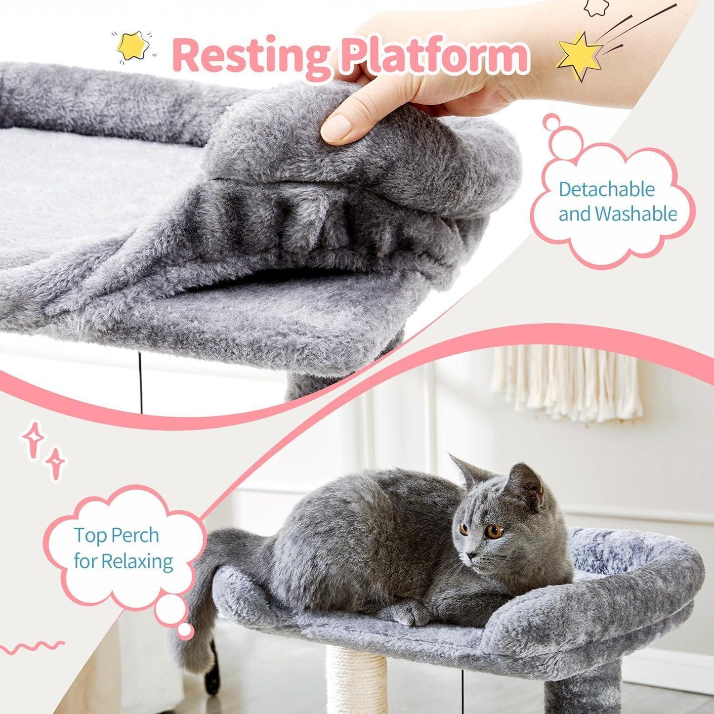 4 - in - 1 Cat Tree Tower with Grooming Brush, Sisal Post, Plush Bed & Hanging Ball - PawJoyful