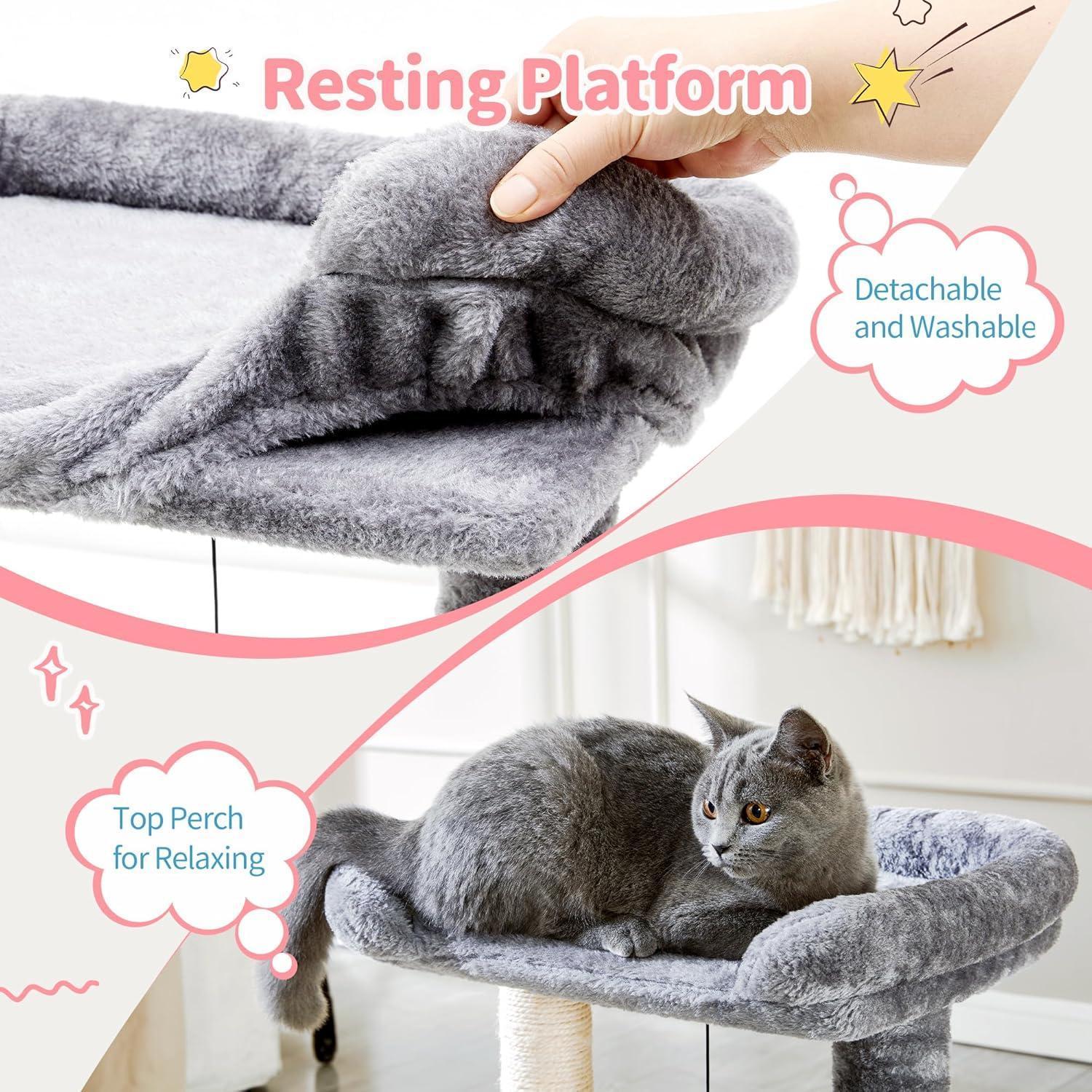4 - in - 1 Cat Tree Tower with Grooming Brush, Sisal Post, Plush Bed & Hanging Ball - PawJoyful