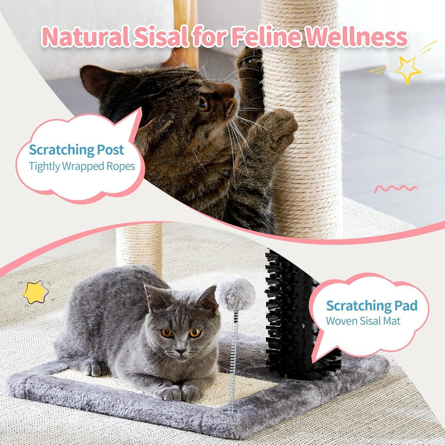 4 - in - 1 Cat Tree Tower with Grooming Brush, Sisal Post, Plush Bed & Hanging Ball - PawJoyful