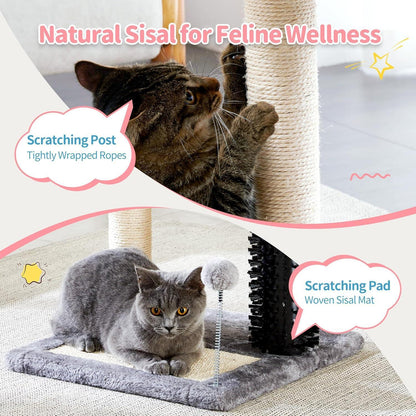4 - in - 1 Cat Tree Tower with Grooming Brush, Sisal Post, Plush Bed & Hanging Ball - PawJoyful