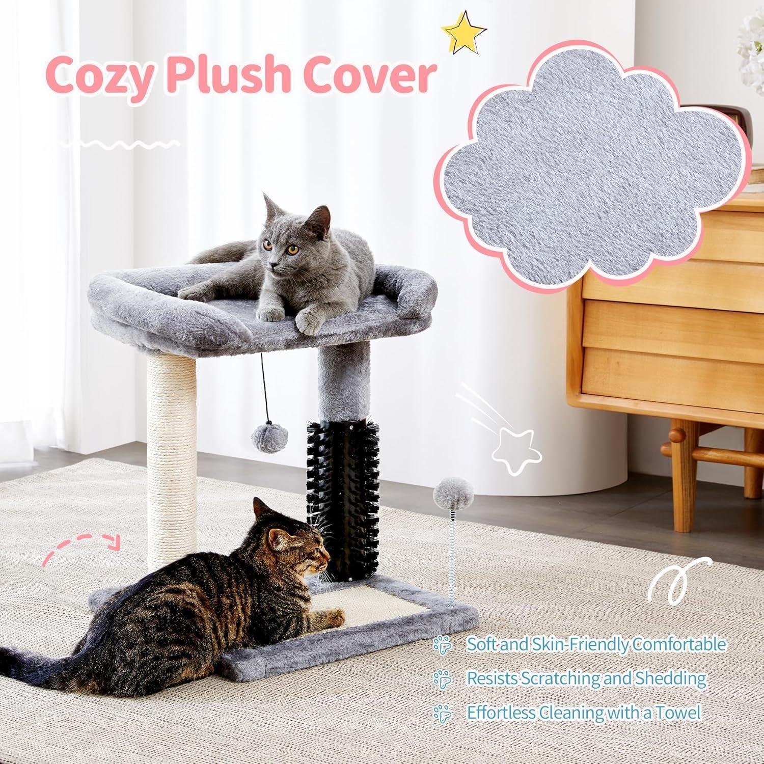 4 - in - 1 Cat Tree Tower with Grooming Brush, Sisal Post, Plush Bed & Hanging Ball - PawJoyful