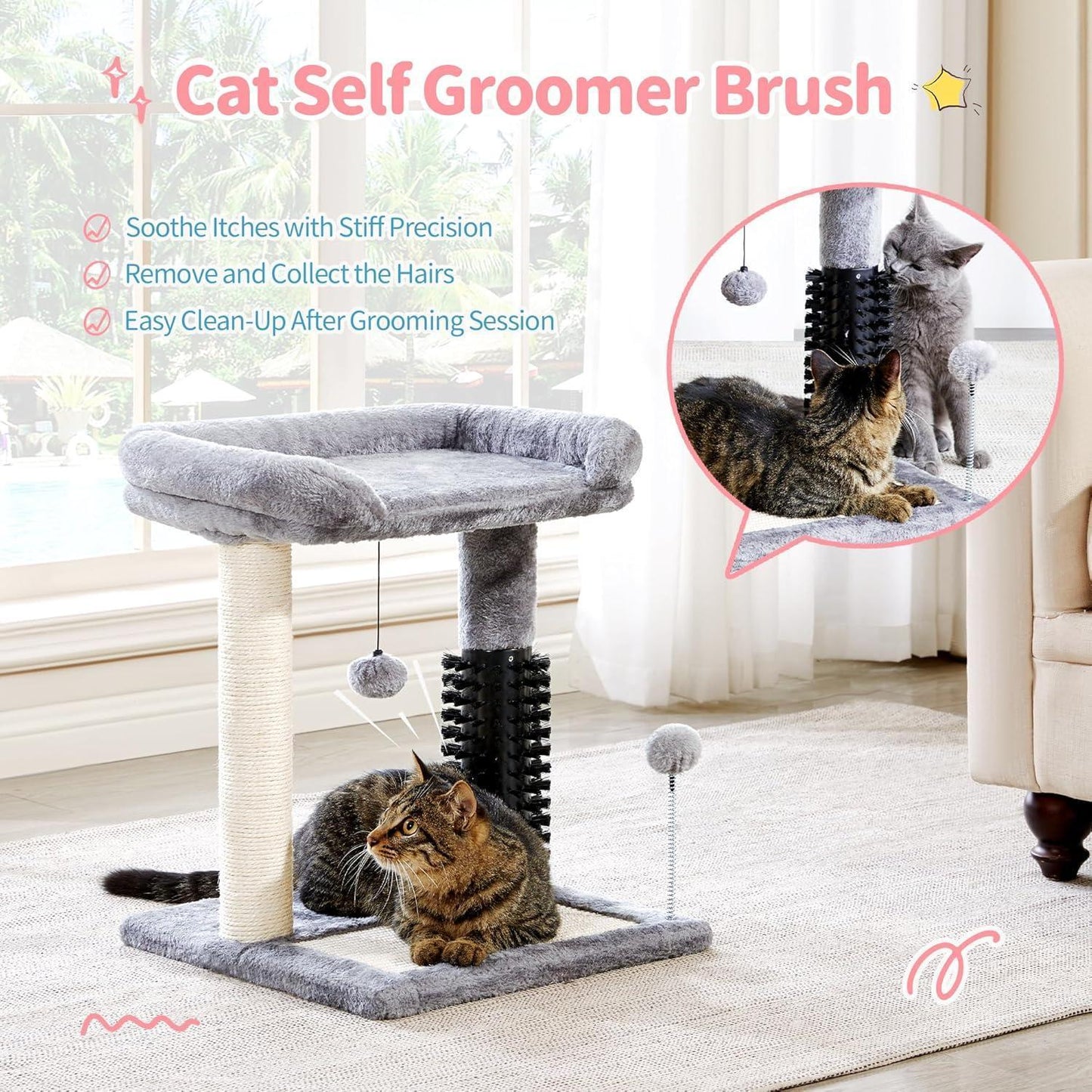 4 - in - 1 Cat Tree Tower with Grooming Brush, Sisal Post, Plush Bed & Hanging Ball - PawJoyful