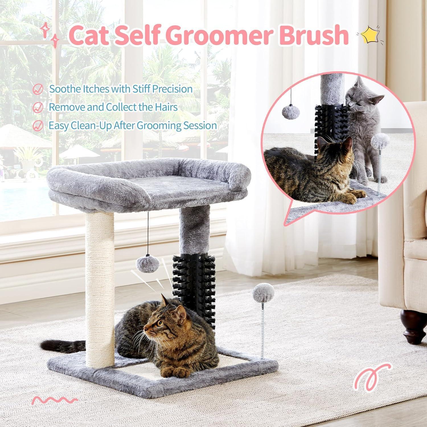 4 - in - 1 Cat Tree Tower with Grooming Brush, Sisal Post, Plush Bed & Hanging Ball - PawJoyful